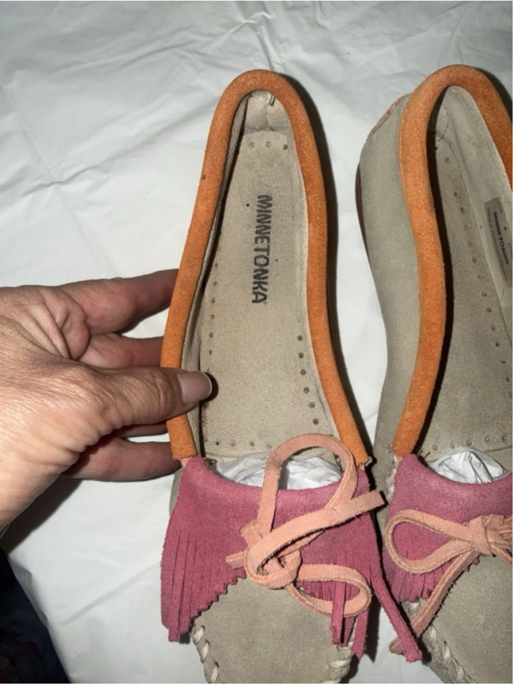 Minnetonka Kilty Moccasins Suede color block Size 8 Slip on Boho Comfy - Picture 11 of 12
